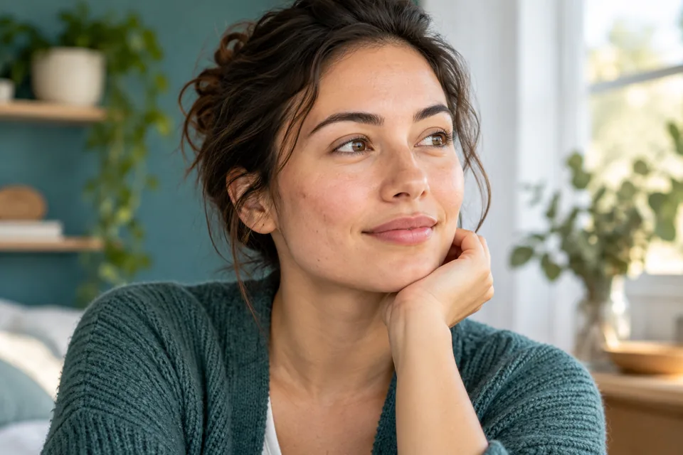 Adult with natural skin texture in soft daylight