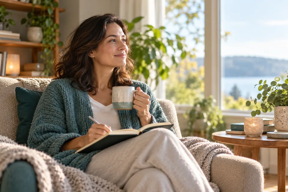 Person taking a quiet moment with a journal and warm drink