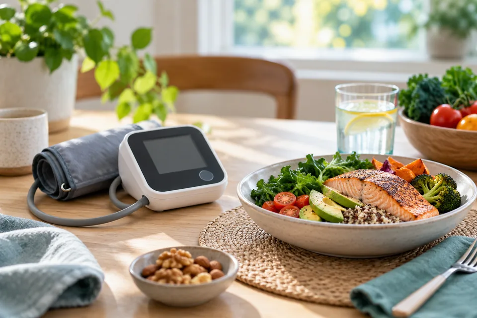 Home blood pressure cuff beside a heart healthy meal