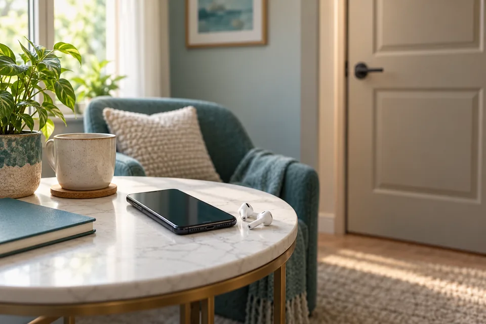 Phone and earbuds in a quiet private room