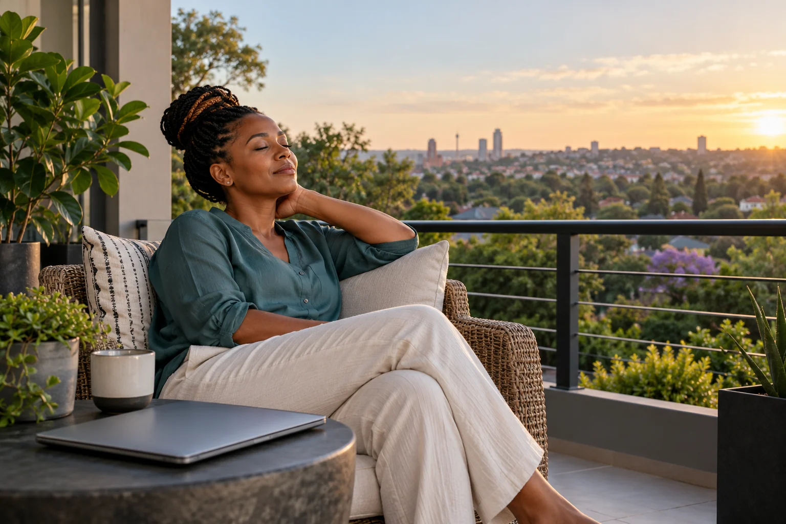 Woman resting on a balcony after a demanding working day