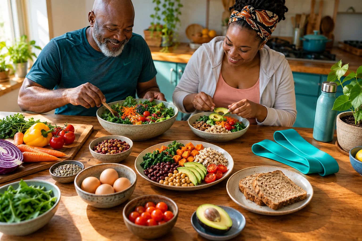 Balanced meal ingredients beside a resistance band
