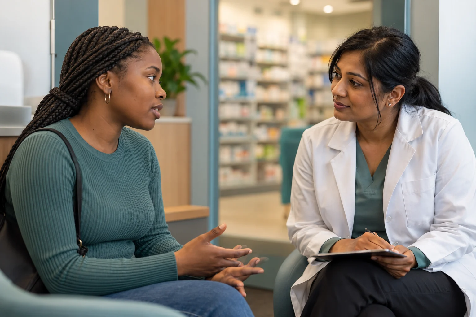 A patient receiving private contraceptive advice from a pharmacist.