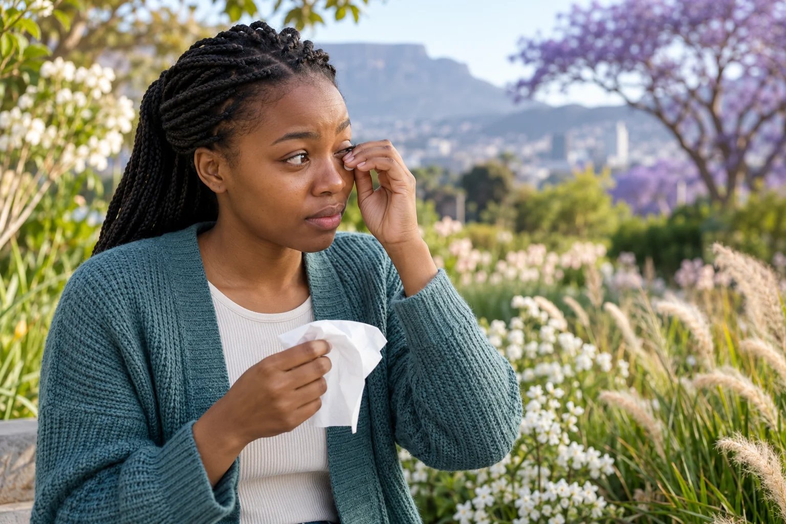 Woman with seasonal allergy symptoms in a South African spring garden
