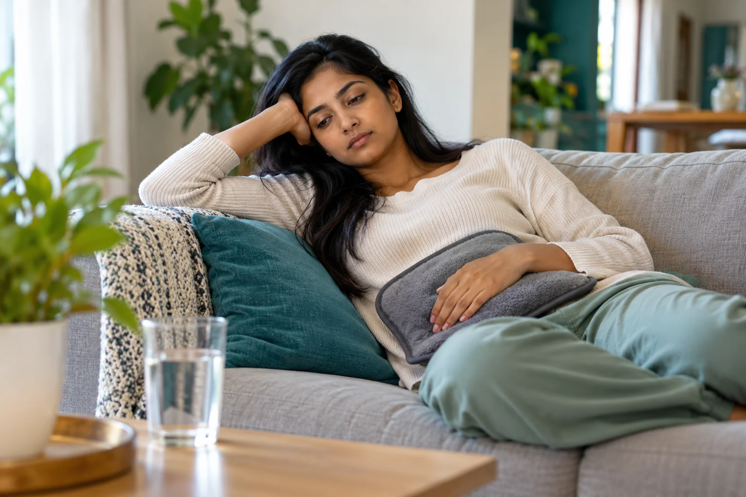 A woman resting with a heat pad during period discomfort.