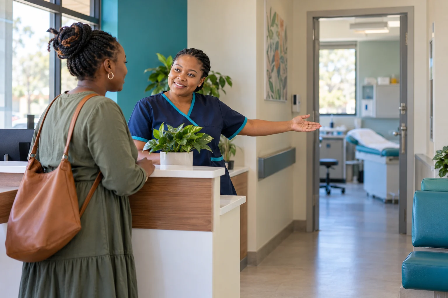 Patient seeking prompt help at a South African clinic reception