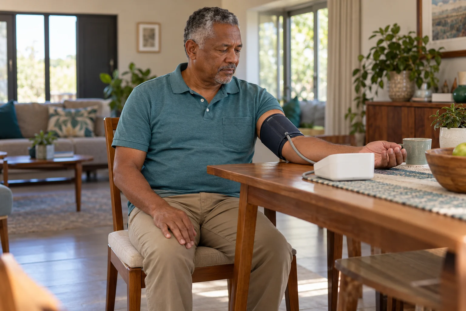 A man measuring blood pressure at home with a supported arm and upper-arm cuff.