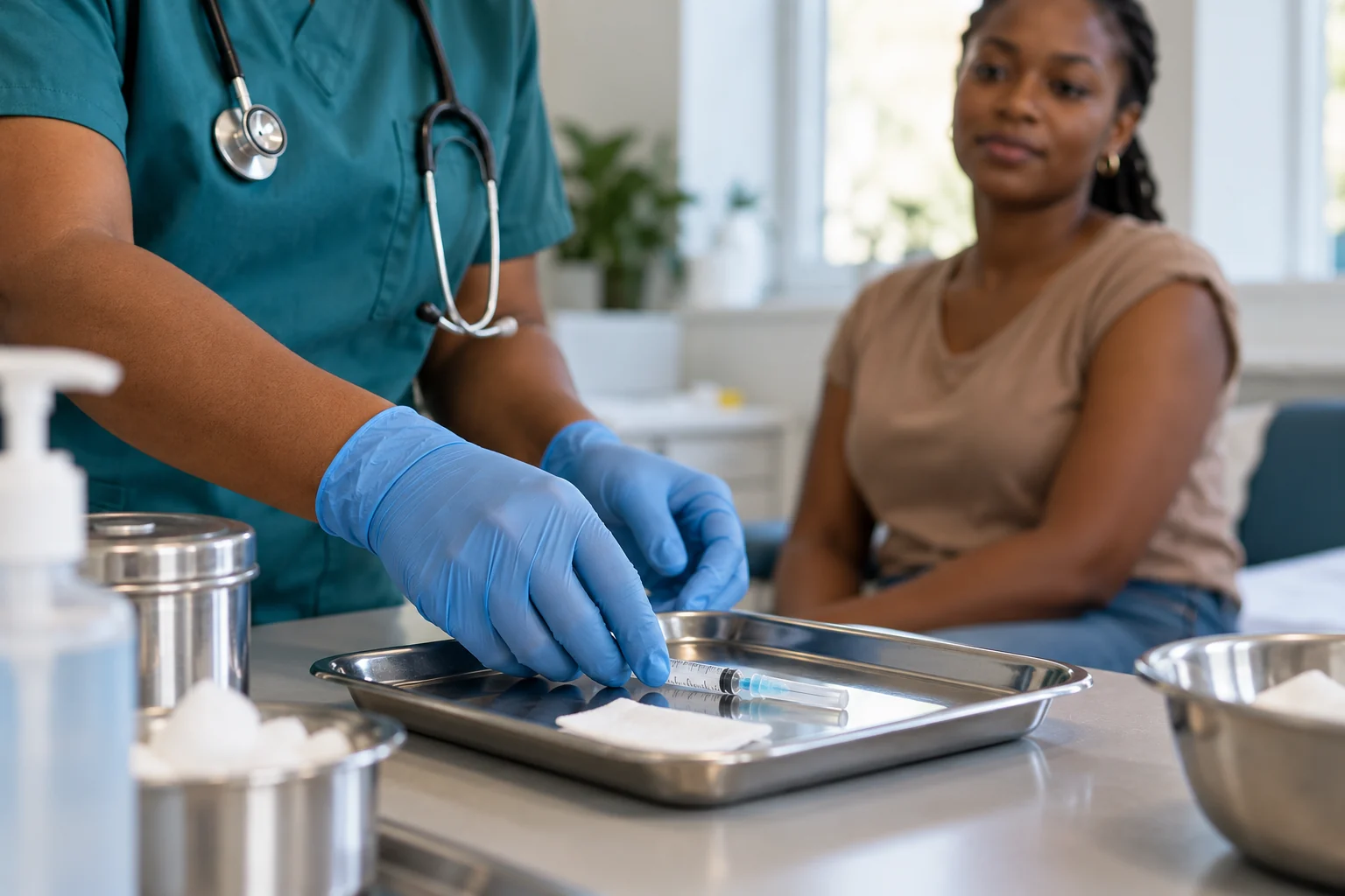 Clinician preparing equipment for an adult vaccination consultation