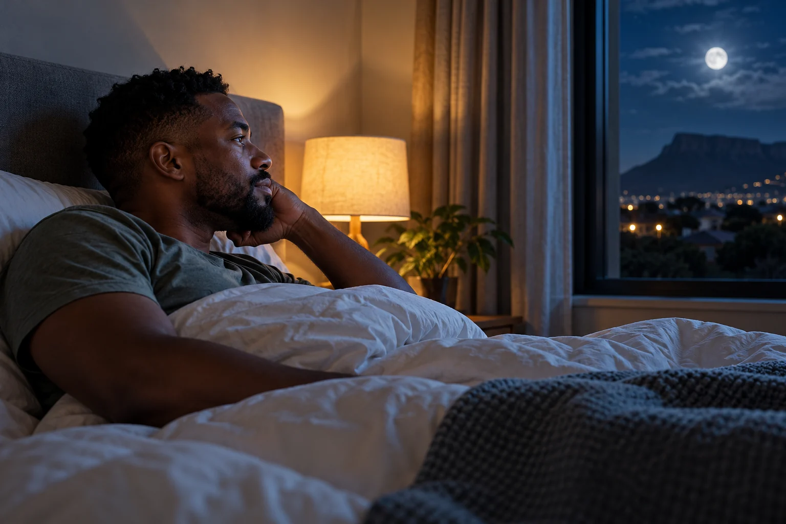 Man awake in bed in a softly lit bedroom