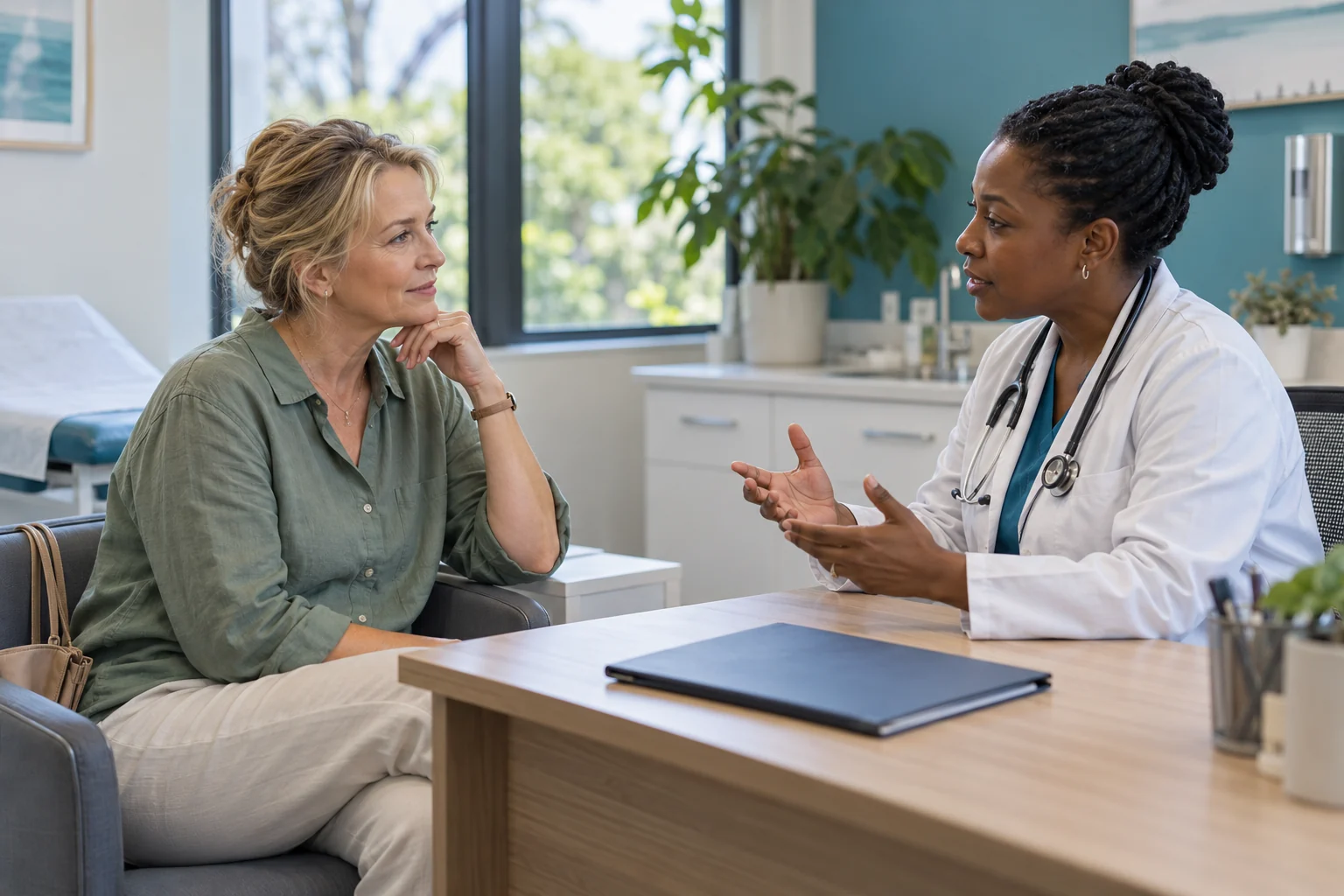 A woman and doctor discussing menopause treatment options.