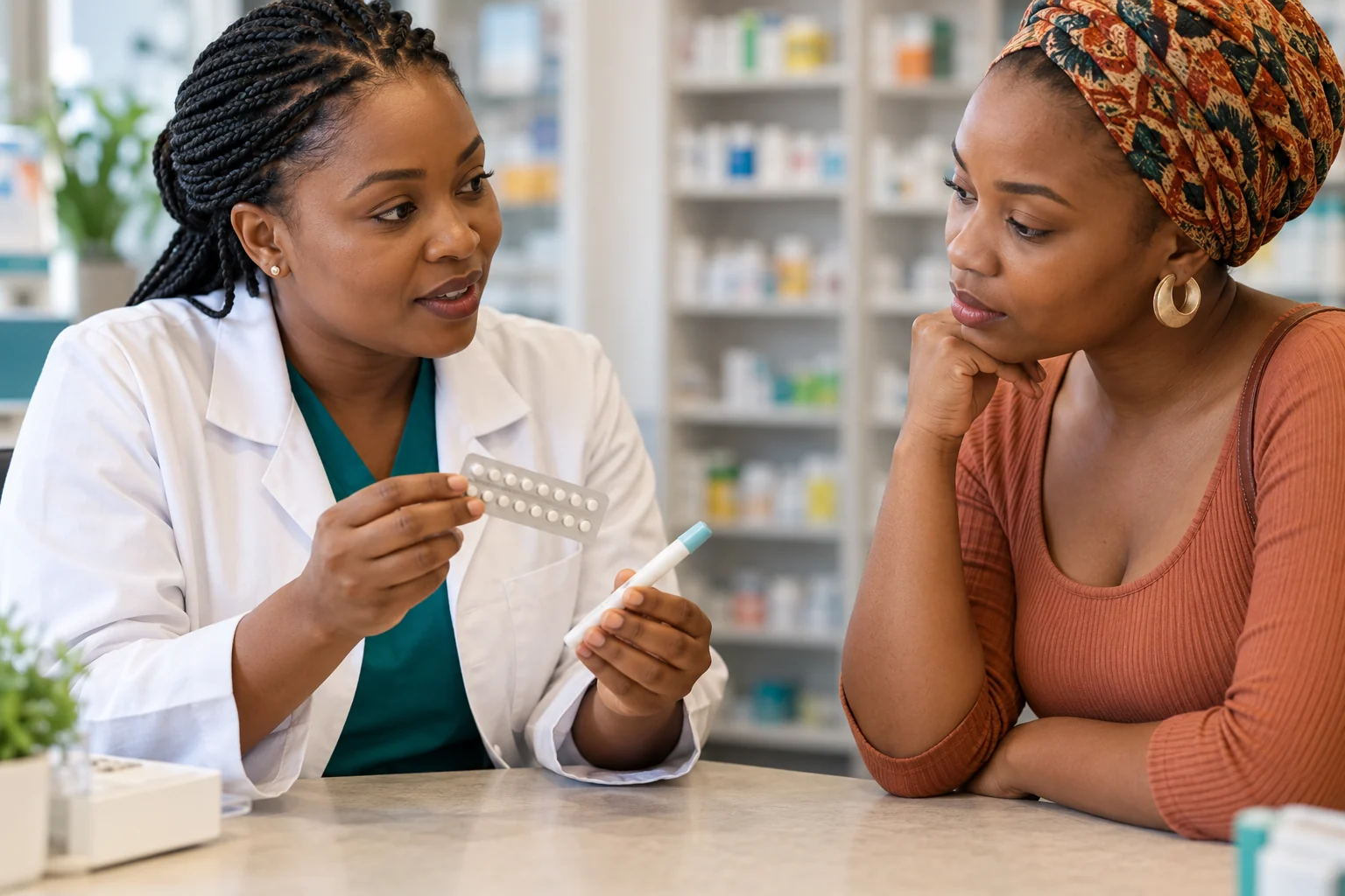 Pharmacist discussing medicines and contraception