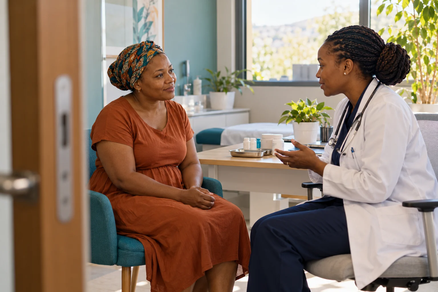 Patient and clinician discussing weight-management assessment