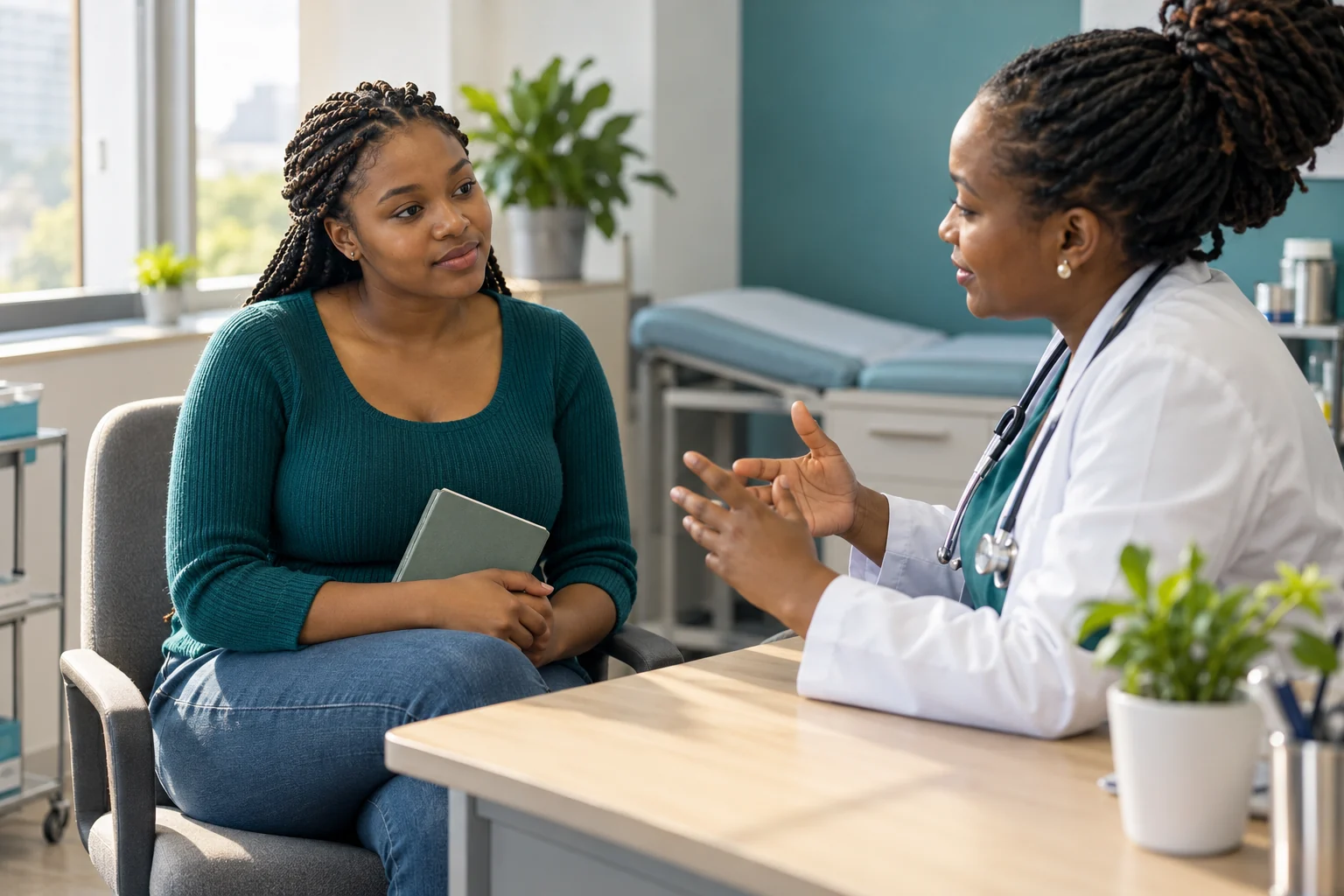 A patient discussing PCOS concerns with a clinician in a South African clinic.