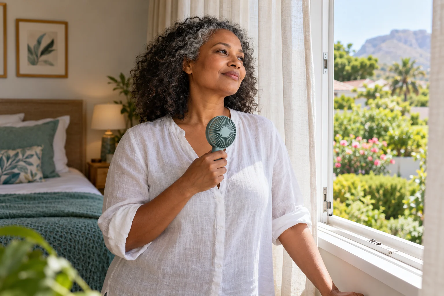 A midlife woman cooling herself beside an open window.