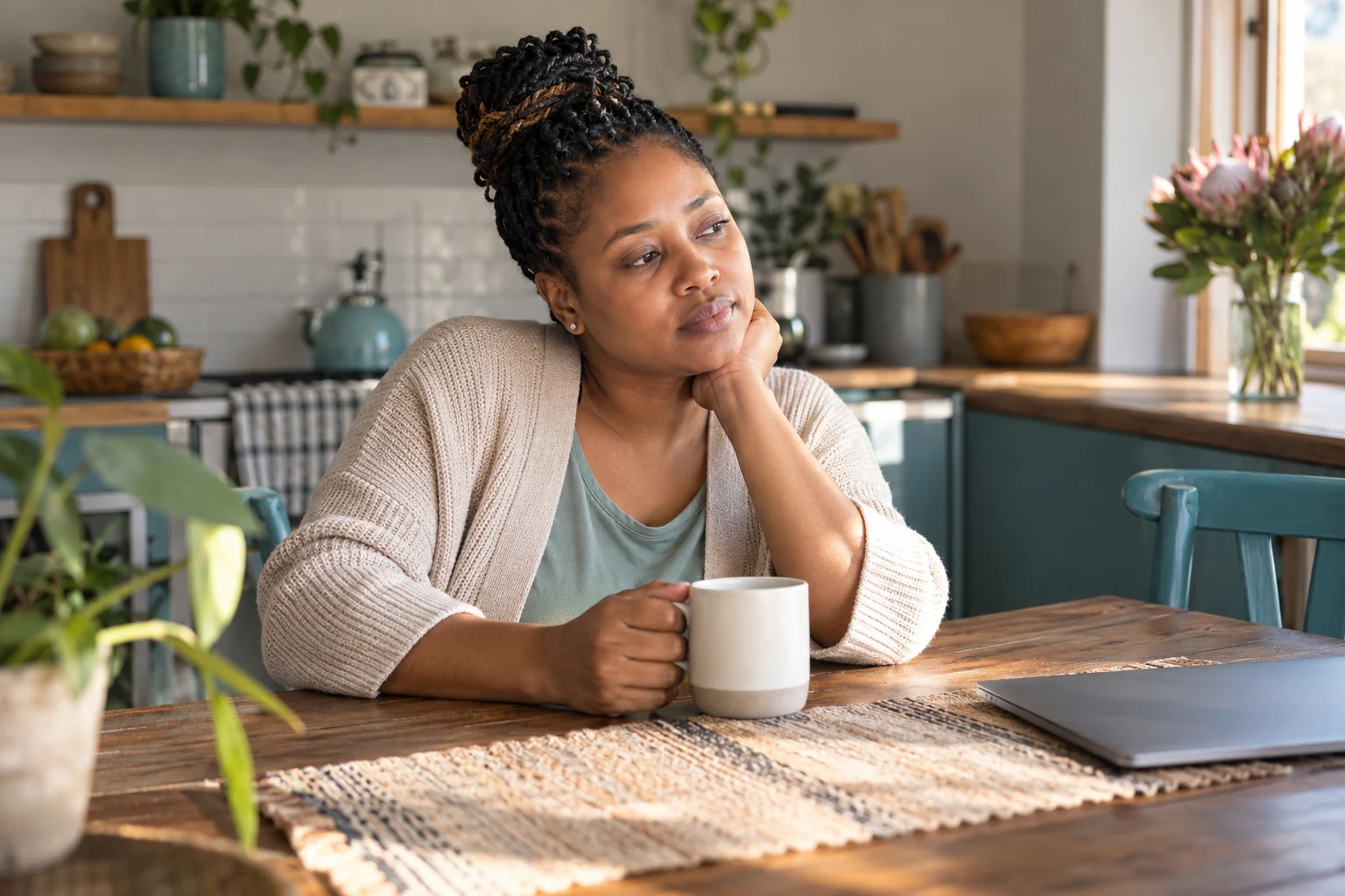 A woman pausing at home while experiencing persistent tiredness.
