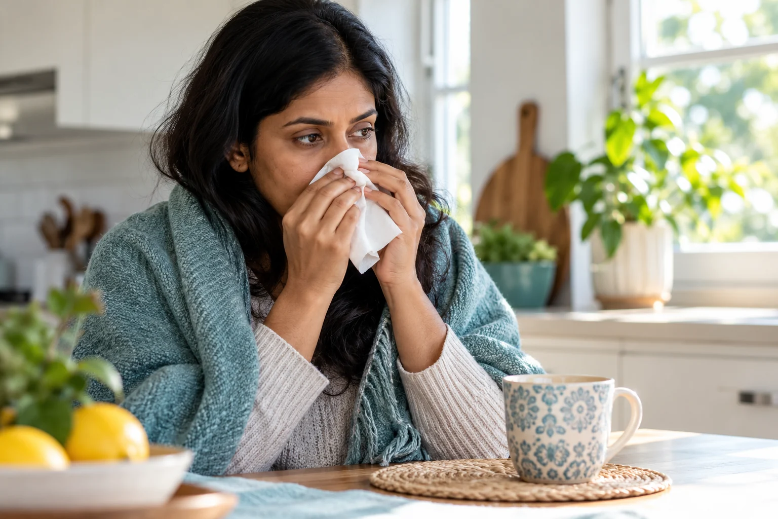 Woman managing nasal symptoms with a tissue at home