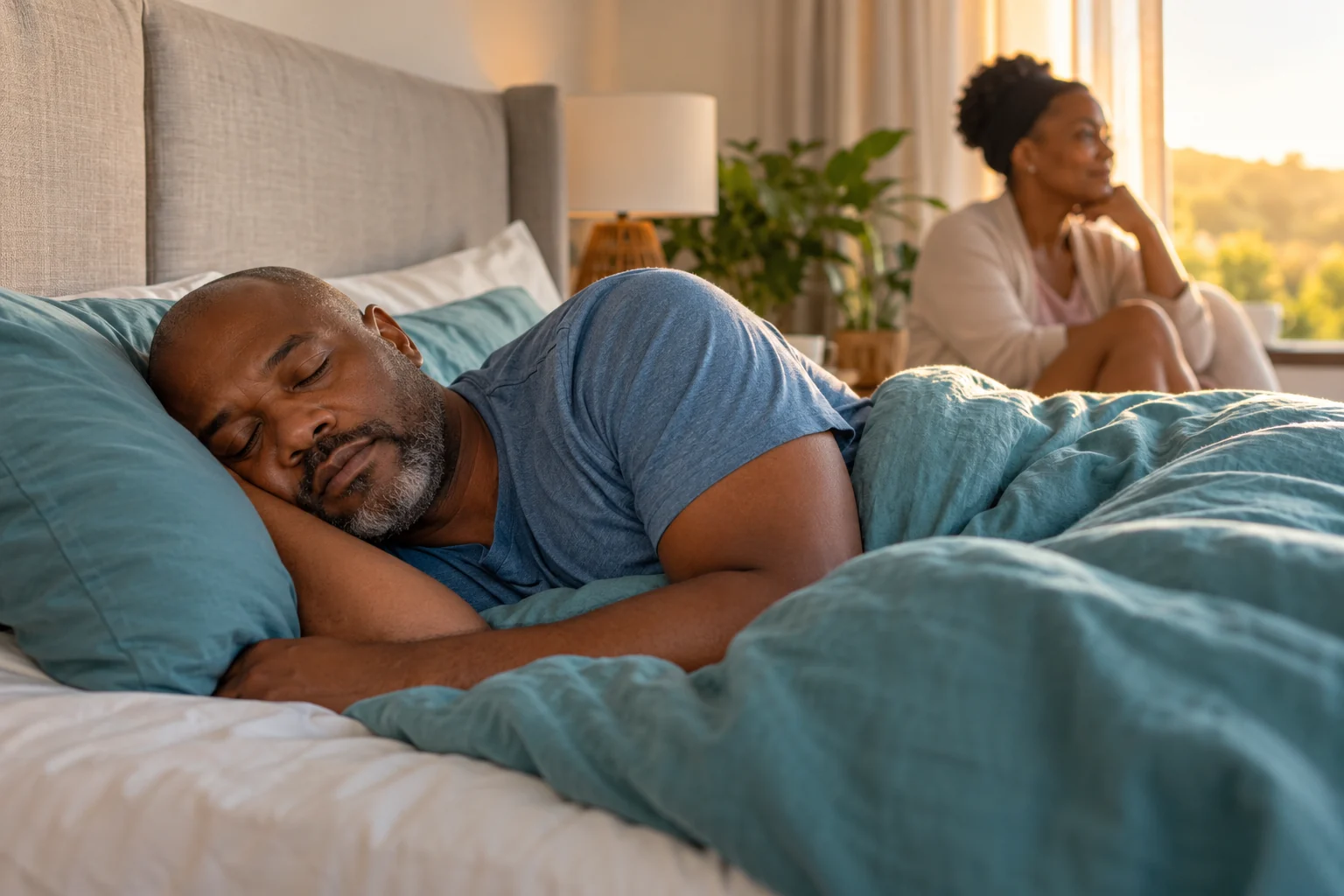 An adult sleeping on his side in a calm bedroom.