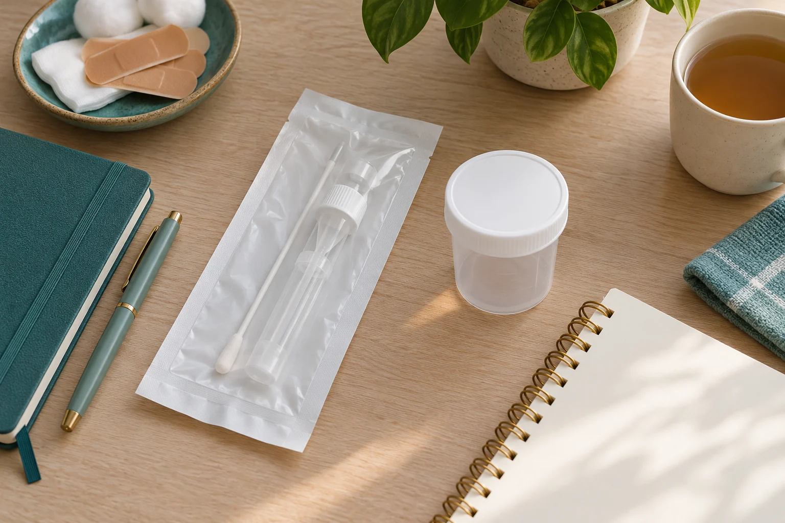 Unmarked testing supplies and a blank planner on a clinic desk