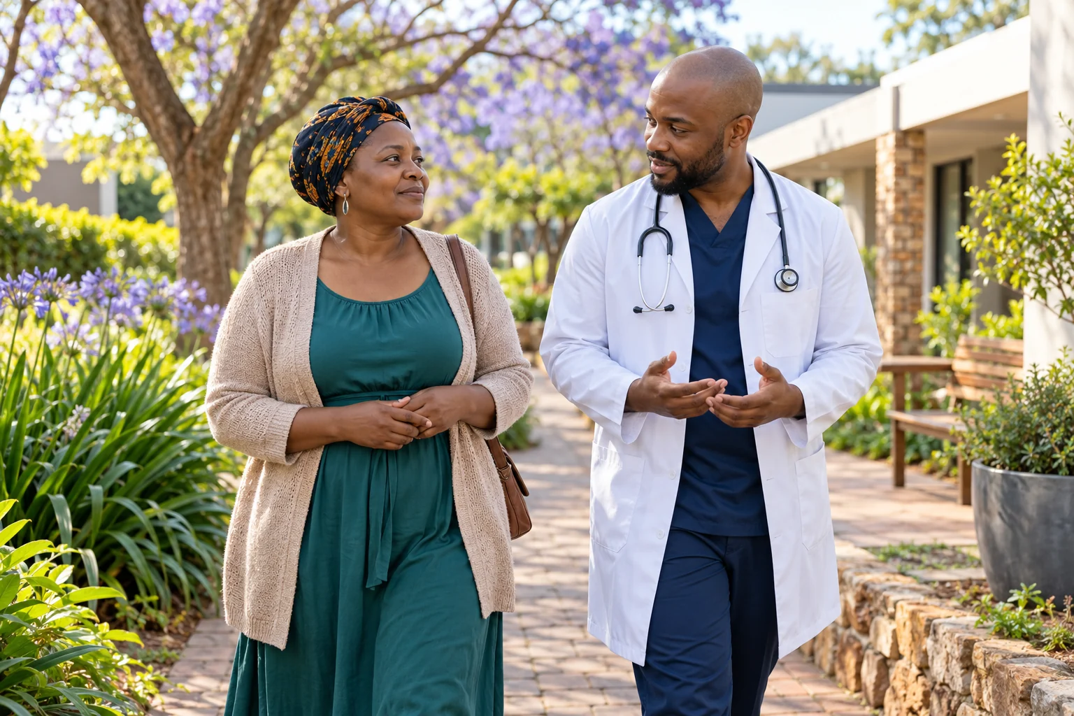 Patient and clinician discussing ongoing care during a garden walk