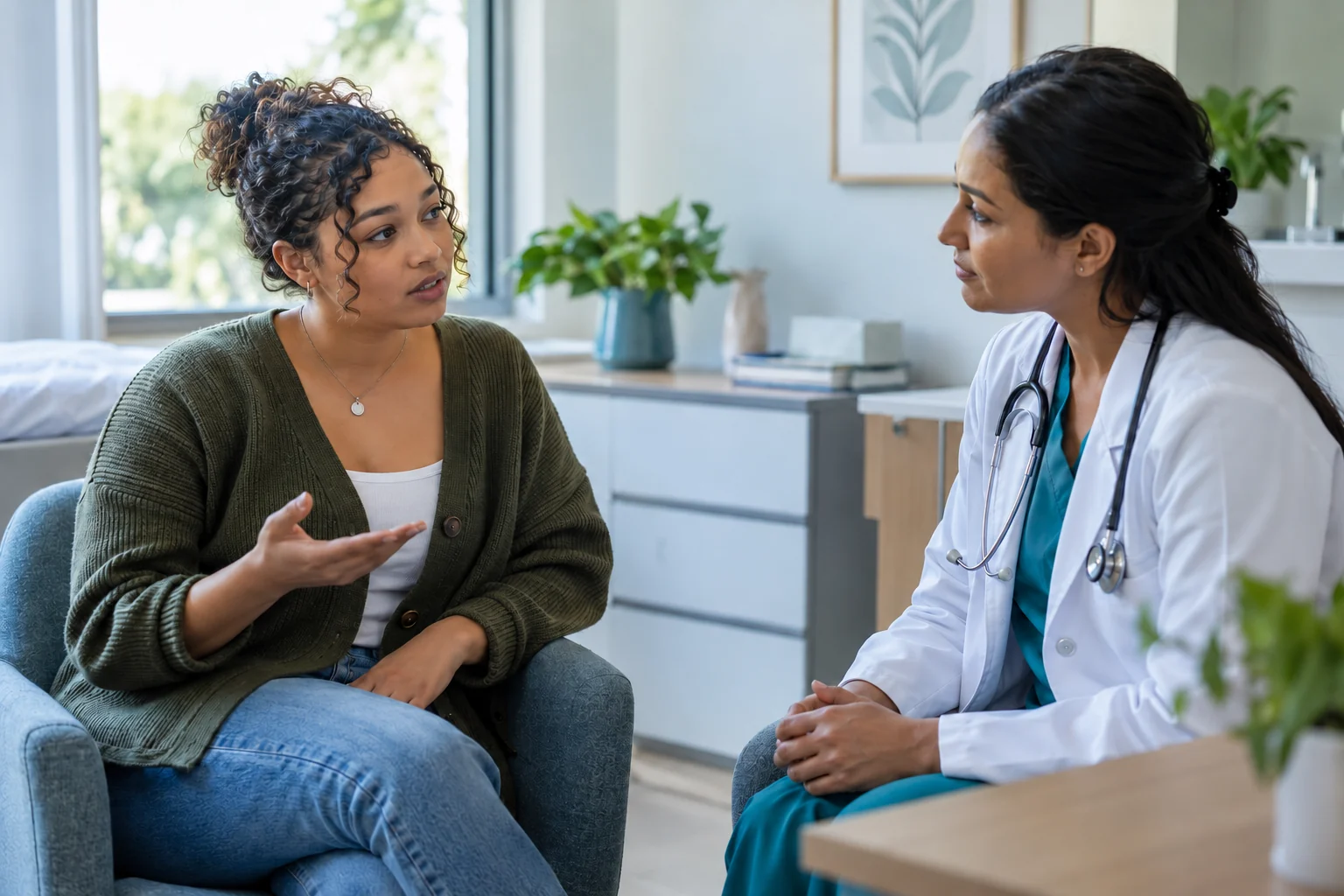 A private discussion about urinary symptoms with a clinician.