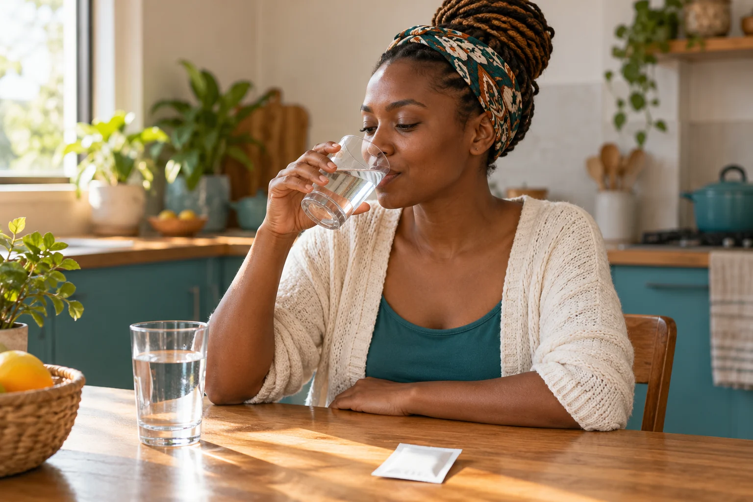 Adult drinking fluids at home during recovery from illness