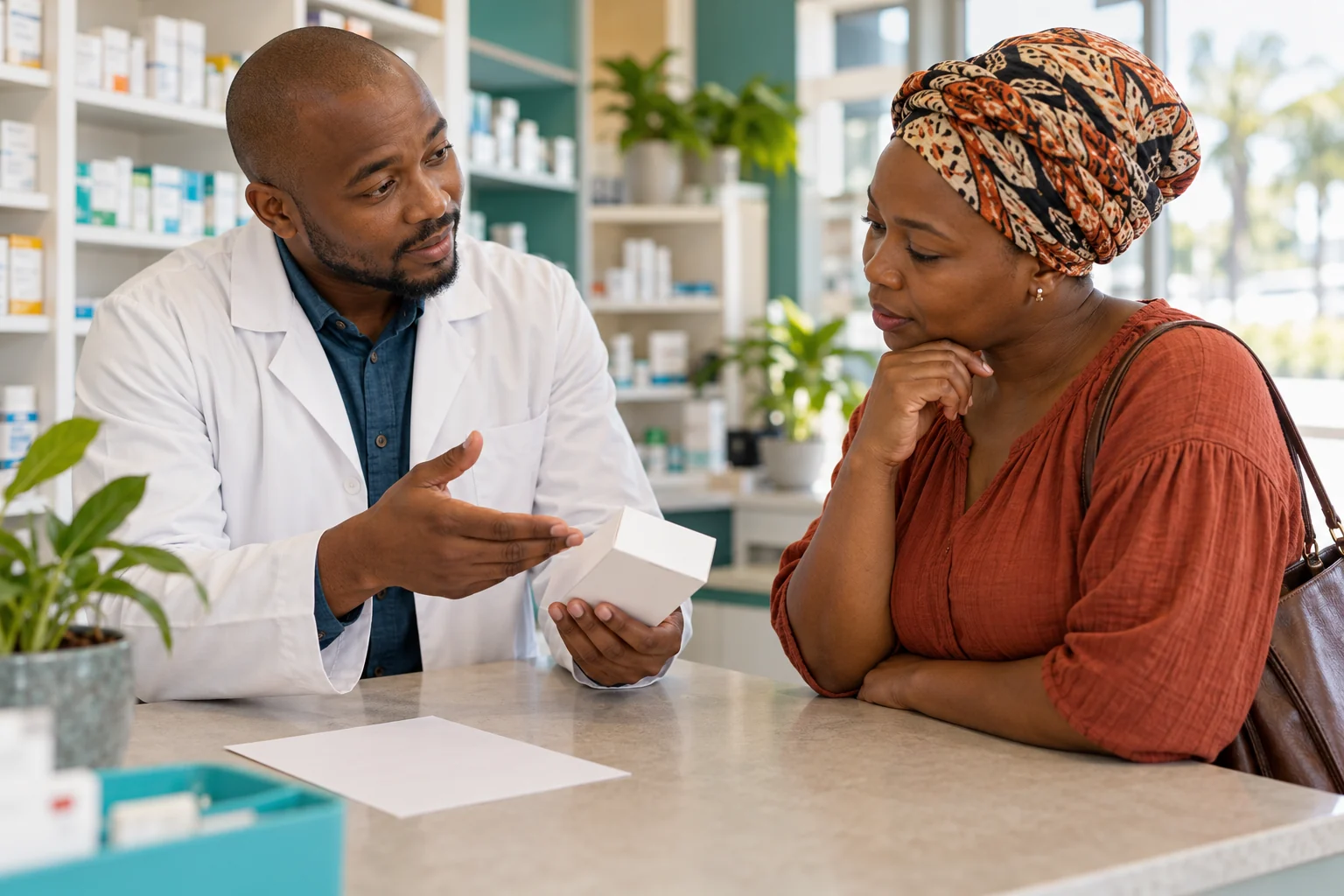 Patient discussing treatment costs with a pharmacist