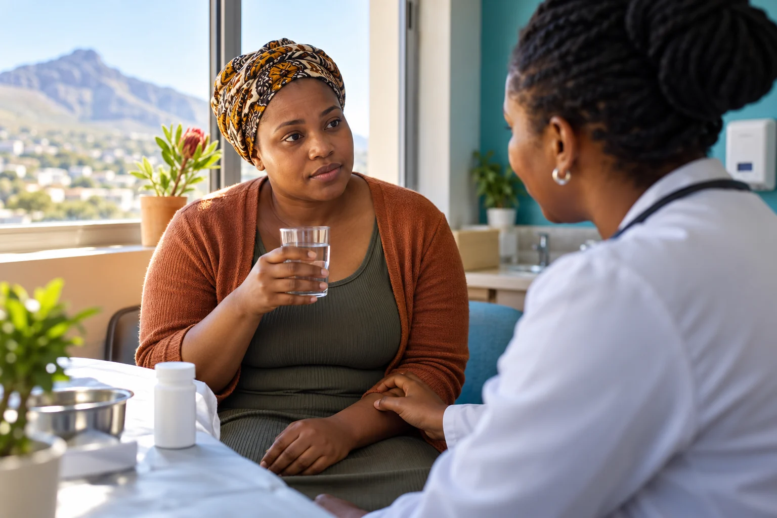 Patient with water awaiting advice about medicine side effects