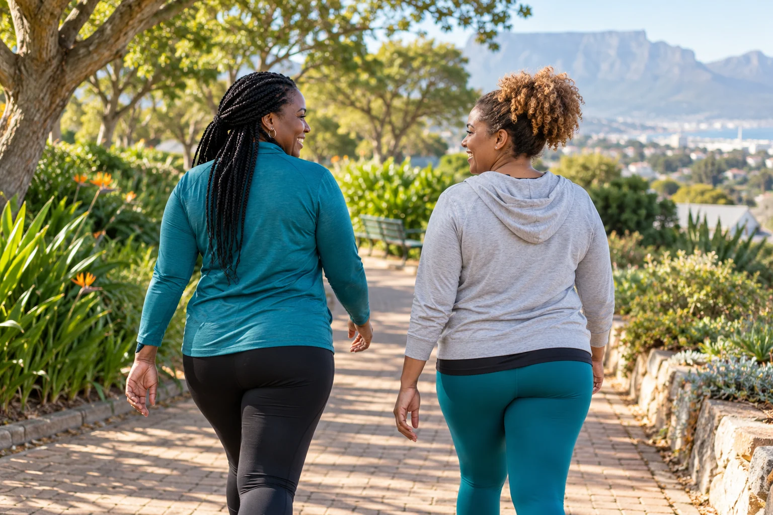 Adults maintaining a walking routine in a leafy park