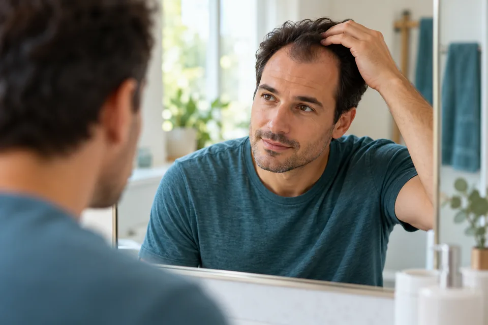 Adult man checking his hairline in a mirror