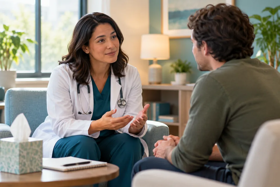 Patient speaking confidentially with a clinician