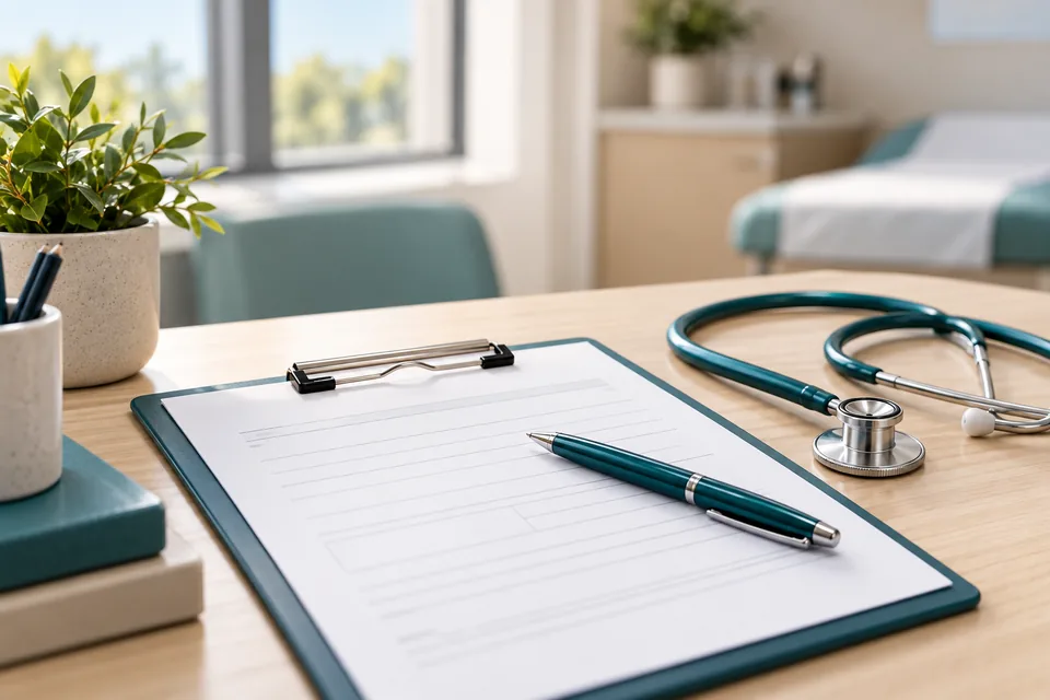 Blank medical certificate form on a clinic clipboard