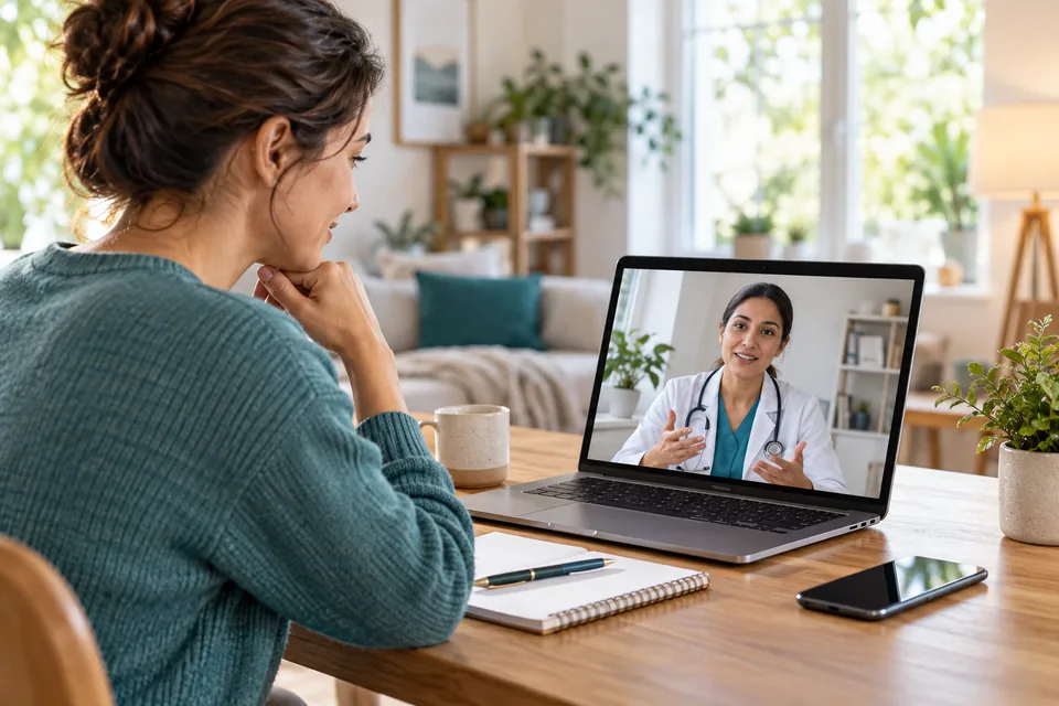 Clinician speaking with a patient over a laptop video call