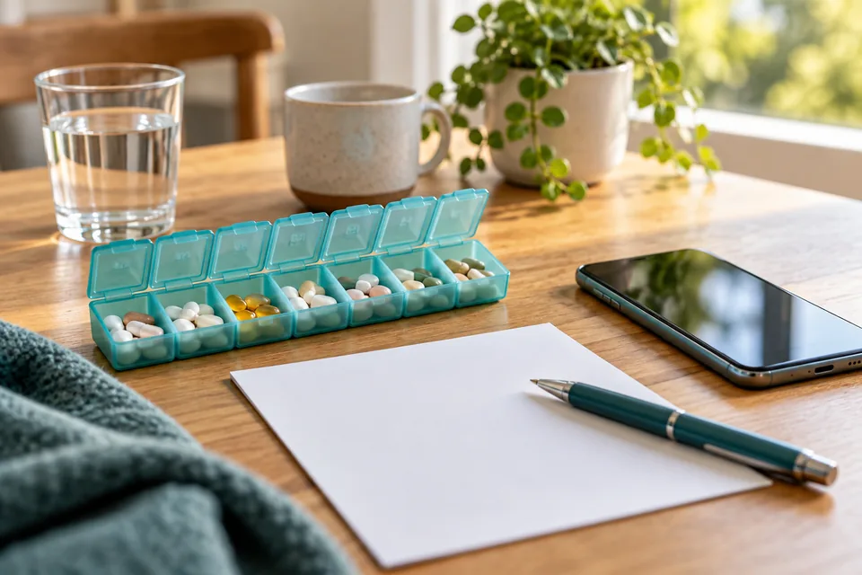 Weekly pill organiser beside a prescription and phone