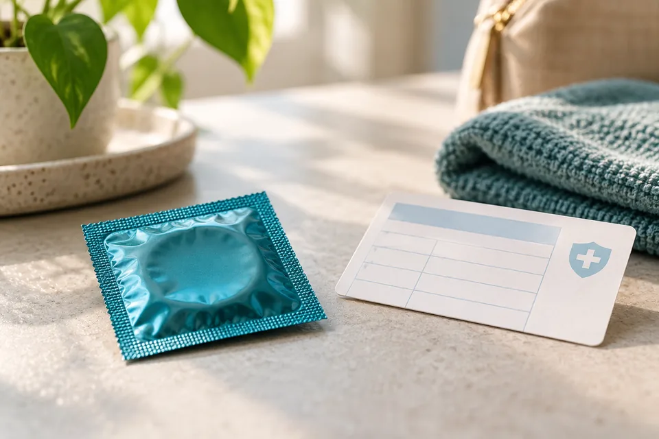 Condom packet and vaccination card on a clean surface
