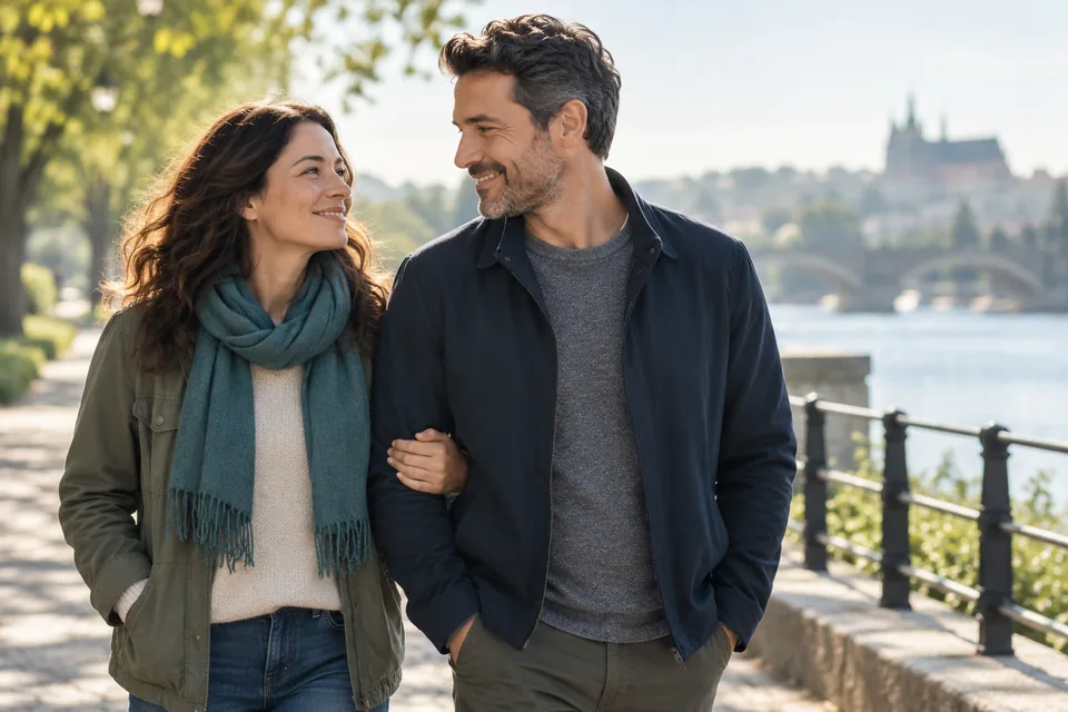 Adult partners walking together in morning light