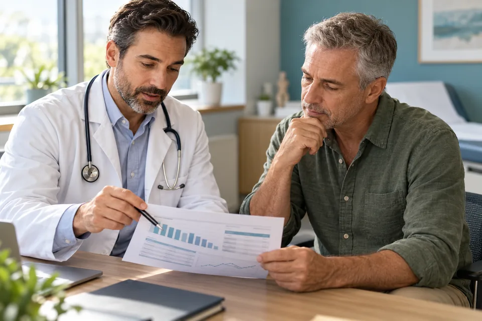 Clinician reviewing blood test results with a patient